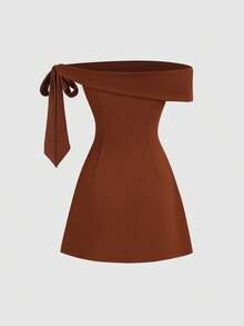 Sweetra Women's New Off-Shoulder Asymmetrical Bow Sleeve Fitted Waist Mini A-Line Dress, Suitable For Commuting, Travel, And Daily Work, Spring/Summer - Coffee Brown - View 2