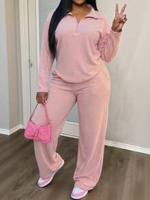 Slaydiva Novos Lançamentos de Outono e Inverno 2025, Roupas Femininas de Outono/Inverno - Conjunto de Camiseta Solta com Zíper na Frente de Manga Longa Rosa e Calça Pantalona com Bolso, Conjunto de Roupas Plus Size Feminino, Tecido Macio