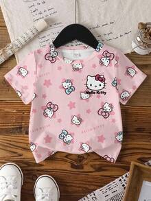 HELLO KITTY AND FRIENDS | SHEIN 少女可爱卡通星星字母印花短袖T恤，休闲日常通勤 - 白色 - 查看 1
