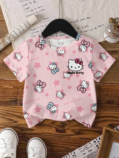 HELLO KITTY AND FRIENDS | SHEIN 少女可爱卡通星星字母印花短袖T恤，休闲日常通勤