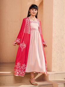 SHEIN 2pcs/Set Tween Girl Jacket & Dress Outfit, Perfect For Spring/Autumn Wear - Burgundy - View 4