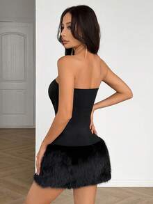 Aidyla Black Sleeveless Faux Fur Patchwork Mini Dress, Sexy & Youthful - Black - View 2