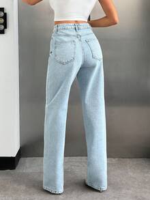 EURMUSE High Waist Stone Detailed Straight Jean Loose Jeans Light Wash Jeans Wide Leg Jeans - Light Wash - View 2