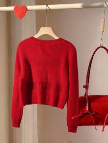 Franclia Chiếc áo len nữ dài tay cổ tròn màu trơn ngọt ngào và đáng yêu này, được trang trí bằng nơ, mang phong cách đơn giản và thoải mái, hoàn hảo cho mùa xuân, thu và đông. - Đỏ - Xem 3