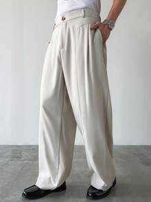 HUEFORM 男士宽松直筒裤，前片翻折褶裥设计，时尚休闲长款阔腿裤，适合送给丈夫、男友，秋季必备…… - 杏色 - 查看 6