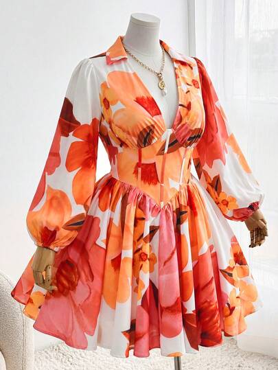 Sweetra Plus Size Women Floral Print Waist Cinched Long Sleeve Casual Dress, Summer