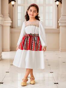 Young Girls White Splice Red Vintage Floral Mesh Midi Dress,Autumn Puff Sleeve Princess Dress - Multicolor - View 2