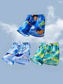 SHEIN Conjunto de 3 piezas de trajes de baño casuales con rayas y estampado de dibujos animados para niños pequeños, con cintura elástica, adecuado para usar en primavera/verano, en casa, salidas, vacaciones, playa - Multicolor - Ver 4