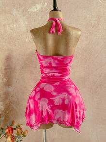 Soleia 度假弹力网眼橙色扎染花卉印花露背镂空褶饰不对称下摆浪漫露背复古迷你连衣裙 - 彩色 - 查看 2