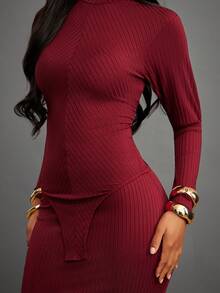 NYA SZN 配套套装（上衣和半裙）上衣长袖高领修身V领半裙高腰修身包臀酒红色节日庆典冬季春季圣诞节新年除夕光明节日常休闲商务休闲居家服针织罗纹针织女装 - 紅色 - 查看 6