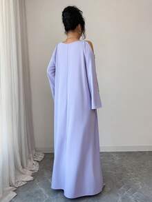 Yasmyna Women's Solid Color Round Neck Hollow Out Long Sleeve Loose Arabic Style Dress Kaftan Jalabiya Dress - Mauve Purple - View 6