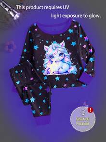 Mädchen Eng anliegendes Einhorn & Stern Leuchtdruck Langarm T-Shirt und Leggings Pyjama Set - Schwarz - Übersicht 8