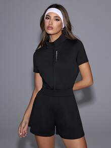 Gameset SHEIN Sport 女士运动连体衣 - 短袖短裤套装，带拉链和反光细节，弹力面料，适合运动和日常通勤 - 黑色 - 查看 1