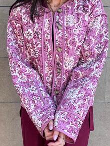 Hitanina 时尚潮流随机花卉印花休闲百搭宽松长袖羽绒夹克加厚棉服冬季西部复古装节日派对服装 - 粉色 - 查看 3