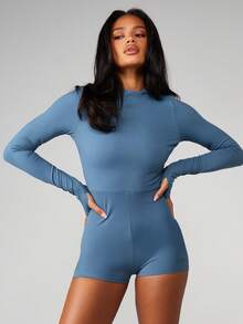 MISSGUIDED Long Sleeve Open Back Bodysuit Playsuit With High Neck And Fitted Silhouette - Blue - View 2