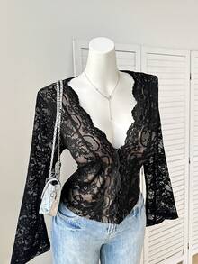 CovetEZ Plus Size Sexy Lace Trim Semi-Sheer Women Top/Valentine's Day - Black - View 9