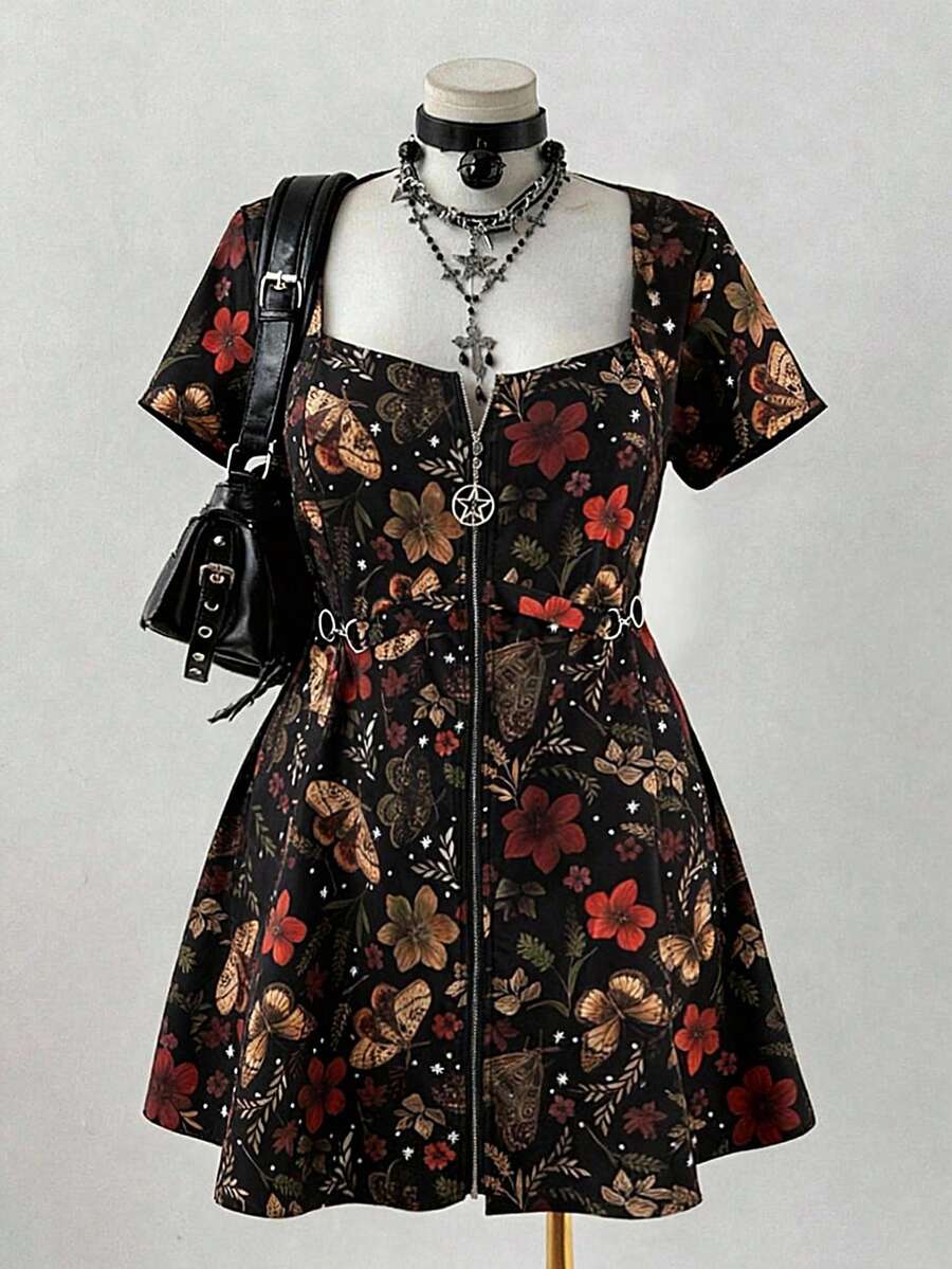 Sunspun 大码女式优雅复古波西米亚风印花休闲朋克摇滚金属拉链五角星扣宽松A字短袖连衣裙，适合日常穿着、返校、度假、春季、夏季、秋季。 - 彩色 - 查看 1