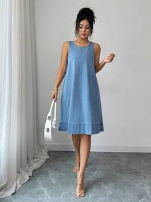 Selianne Damen lässiges, locker sitzendes ärmelloses Denim-Midi-Kleid - Mittele Waschung - Übersicht 3