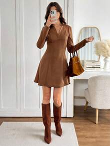 SHEIN Tall Vestido con falda línea A y cuello, tela de ante, estilo casual relajado elegante de oficina para mujer, vestido marrón café elegante para mujer, mujer alta - Marrón - Ver 9