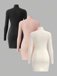 SHEIN BASICS Bộ 3 món váy ngắn tay dài cổ cao ôm sát màu trơn dành cho nữ. - Hồng - Xem 2