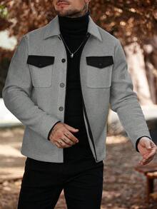 Manfinity Homme 男士撞色长袖单排扣休闲口袋大衣，秋冬款 - 灰色 - 查看 5