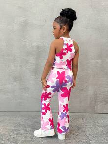 2pcs/Set Young Girl Casual Floral Print Halter Crop Top And Flare Pants Outfit