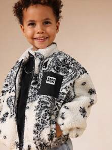 SUMWON Boys Paisley Print Fuzzy Fleece Zip Through Jacket Winter Warm Outerwear Borg Lined Coat - Black and White - View 1