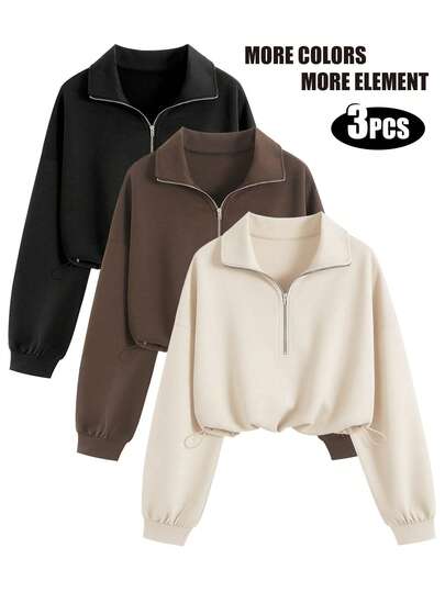 QUELARIE 3pcs Set: Vintage American Style Half-Zip Solid Color Drawstring Hem Sweatshirt