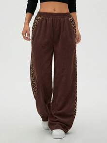 SHEIN LUNE Women's Leopard Print Patchwork Casual Straight Leg Pants, Autumn/Winter - Brown - View 5