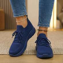 Mujer Zapatillas Deportivas De Tejido De Punto Texturizado Con Cordones Y Suela Gruesa Azul Marino - Azul Marino - Ver 3