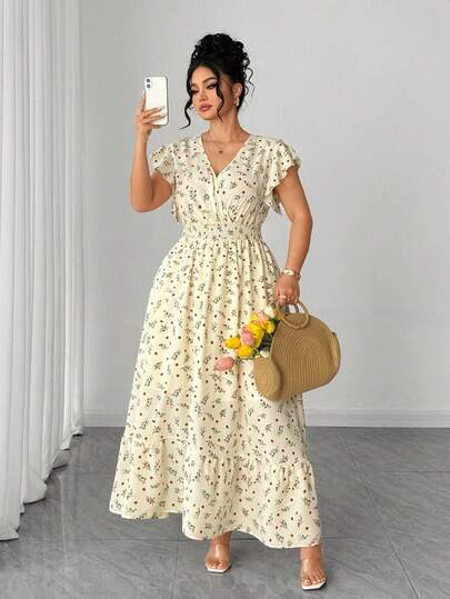 SHEIN Elenzya V-Neck Ruffle Sleeve Ditsy Floral Apricot & Gray Plus Size Dress