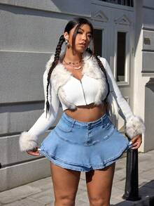 SHEIN CURVE+ 大码牛仔女郎蓝色弹力性感牛仔短裙，夏季女装 - 中等水洗藍 - 查看 1