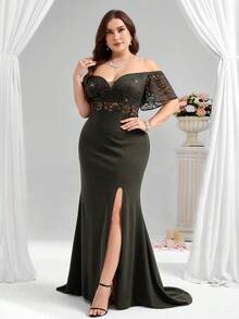Coutiva Dark Green Plus Size Women's Lace & Sequin Patchwork Off-Shoulder Side Slit Hem Elegant Formal Evening Gown,Spring Curvy Prom Dress For Wedding,Ball - Army Green - View 5