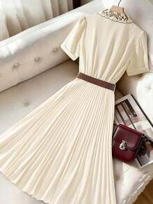 Franclia 女士新款优雅通勤刺绣领口A字连衣裙，腰部饰有腰带，收腰设计，褶裥工艺，杏色中长连衣裙，适合通勤、商务、约会、派对等场合，春夏短袖 - 杏色 - 查看 2