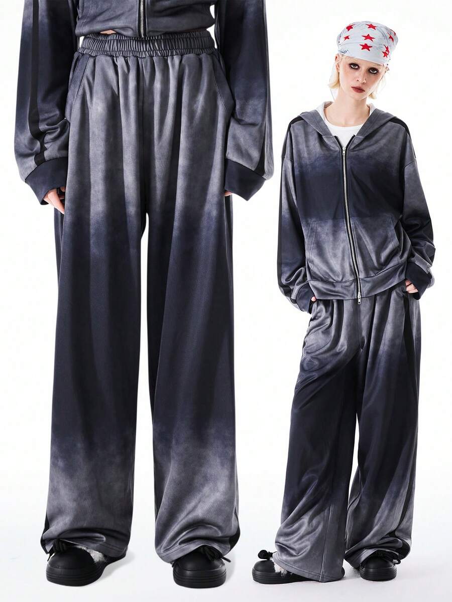 Bloopia 女士编织渐变色弹力腰抽绳休闲宽松百搭裤 - 黑色 - 查看 1
