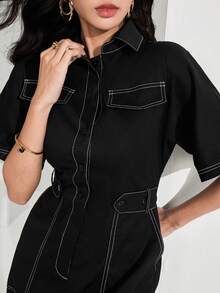 Heiryn 2026 Women's Short Sleeve Casual Jumpsuit With Lapel And Wide Leg, Spring/Summer - Black - View 7