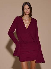 SHEIN BAE Burgundy Autumn Elegant Deep V-Neck Long Sleeve Mini Dress For Night Out,Cocktail,Party,Formal Occasions,Bridesmaid,Birthday,Christmas & Brunch - Red - View 5