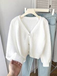 Sparklyn 少女纯色V领长袖前开襟针织开衫