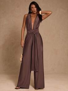 SHEIN Glamour Women's Fashionable Sexy Backless Halter Jumpsuit Brown Romper Women Palazzo Jumpsuit Deep V-Neck Wrap Belt Sleeveless Jumpsuit - Brown - View 6