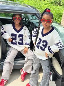 SHEIN Tween Girl Casual White Autumn School Back-To-School V-Neck Loose Knit Sweater,Comfortable Numeric Pattern Collegiate Style Mommy And Me Matching - Navy Blue - View 7