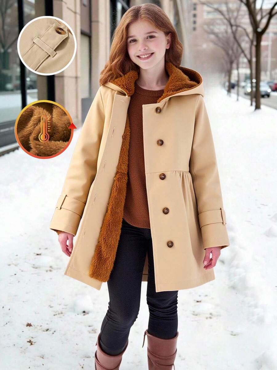 SHEIN Elladie kids 年轻女孩卡其色保暖内衬连帽双排扣冬季外套，时尚温暖，适合日常休闲穿着