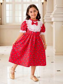 1 pieza Vestido de verano nuevo para niñas con estampado floral rojo, manga corta de globo, cuello de encaje blanco, cintura elástica, largo medio, estilo vintage de princesa - Rojo - Ver 6