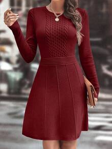Ellegaria. 女士休闲针织连衣裙，带麻花图案，长袖，圆领，秋季 - 紅色 - 查看 4