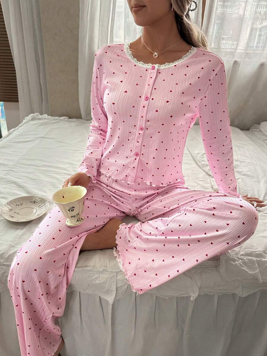 CottageSlumber Bộ đồ ngủ 2 món gồm áo len cardigan cổ tròn và quần dài họa tiết ren trái tim - Hồng - Xem 1