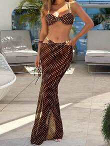 Bonvoyette 3件套女士棕色波点交叉罩杯泳衣套装，沙滩度假 - 彩色 - 查看 5