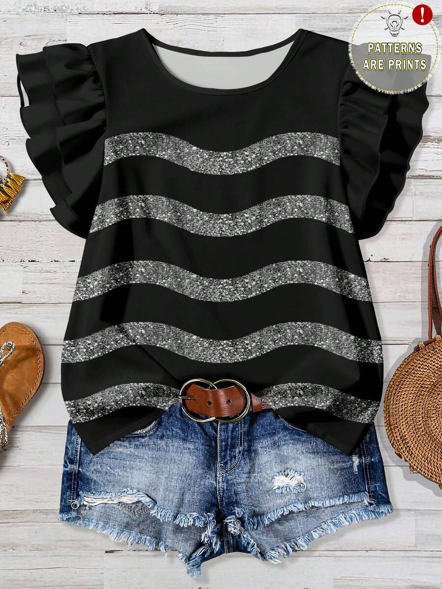 EMERY ROSE Blus Wanita Lengan Ruffle Dua Lapis Motif Garis Bergelombang Foil Imitasi Gaya Pesta Minimalis Kasual, Cocok untuk Musim Semi/Panas - MultiWarna - View 1