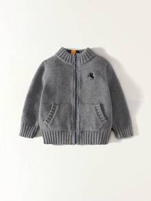 Maija Kids Young Boy Grey Mandarin Collar Embroidered Casual Cardigan