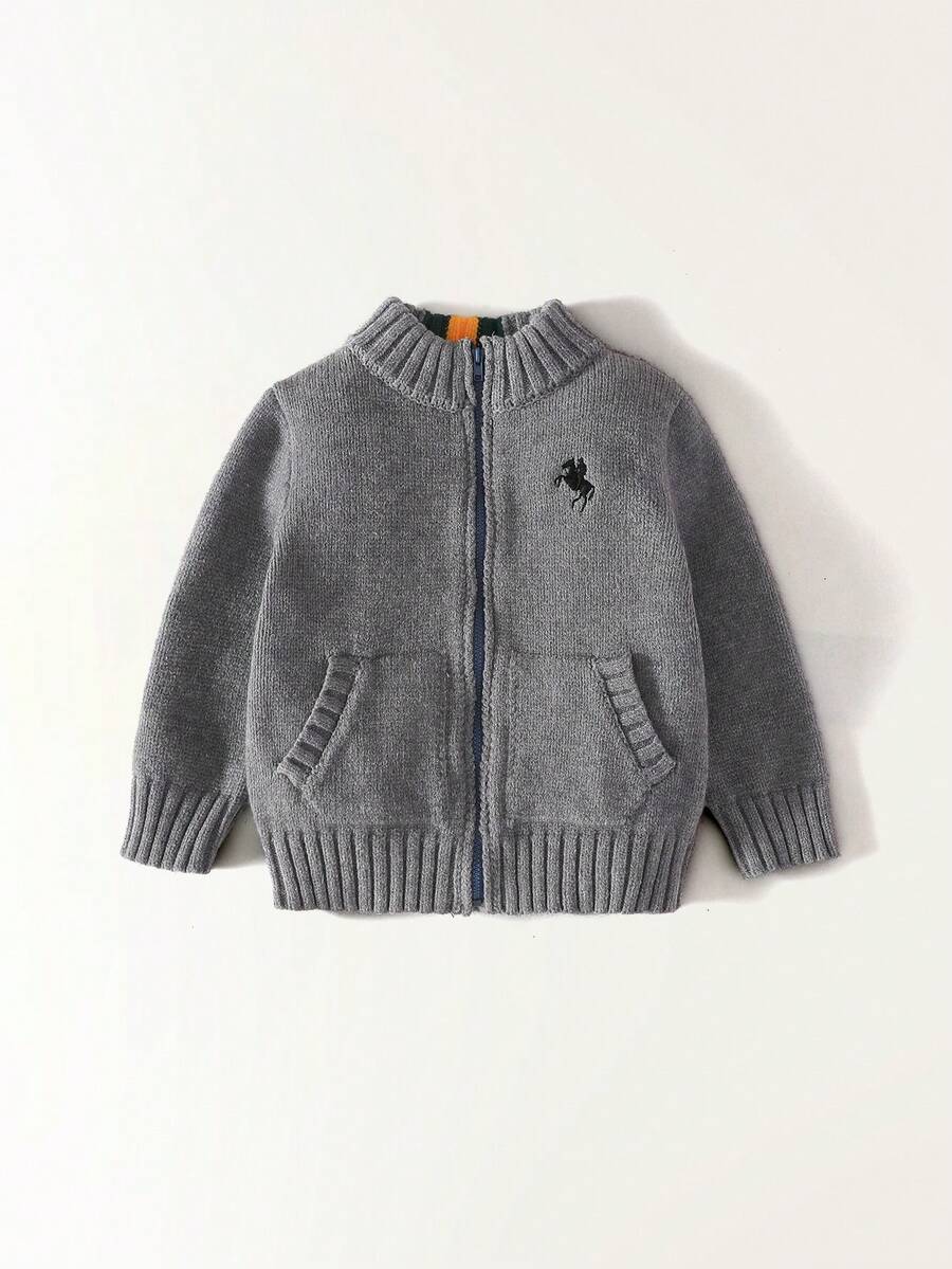 Maija Kids Young Boy Grey Mandarin Collar Embroidered Casual Cardigan