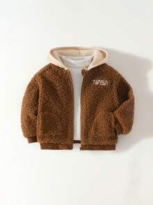 Maija Kids 男童棕色拼接连帽夹克，带保暖内衬、刺绣图案和口袋，宽松版型 - 咖啡棕 - 查看 3