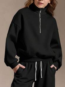 SHEIN 少女四分之一拉链宽松卫衣和宽松运动裤套装，返校季秋冬季舒适圣诞可爱休闲日常胶囊衣橱Y2K街头风，灰色 - 黑色 - 查看 4